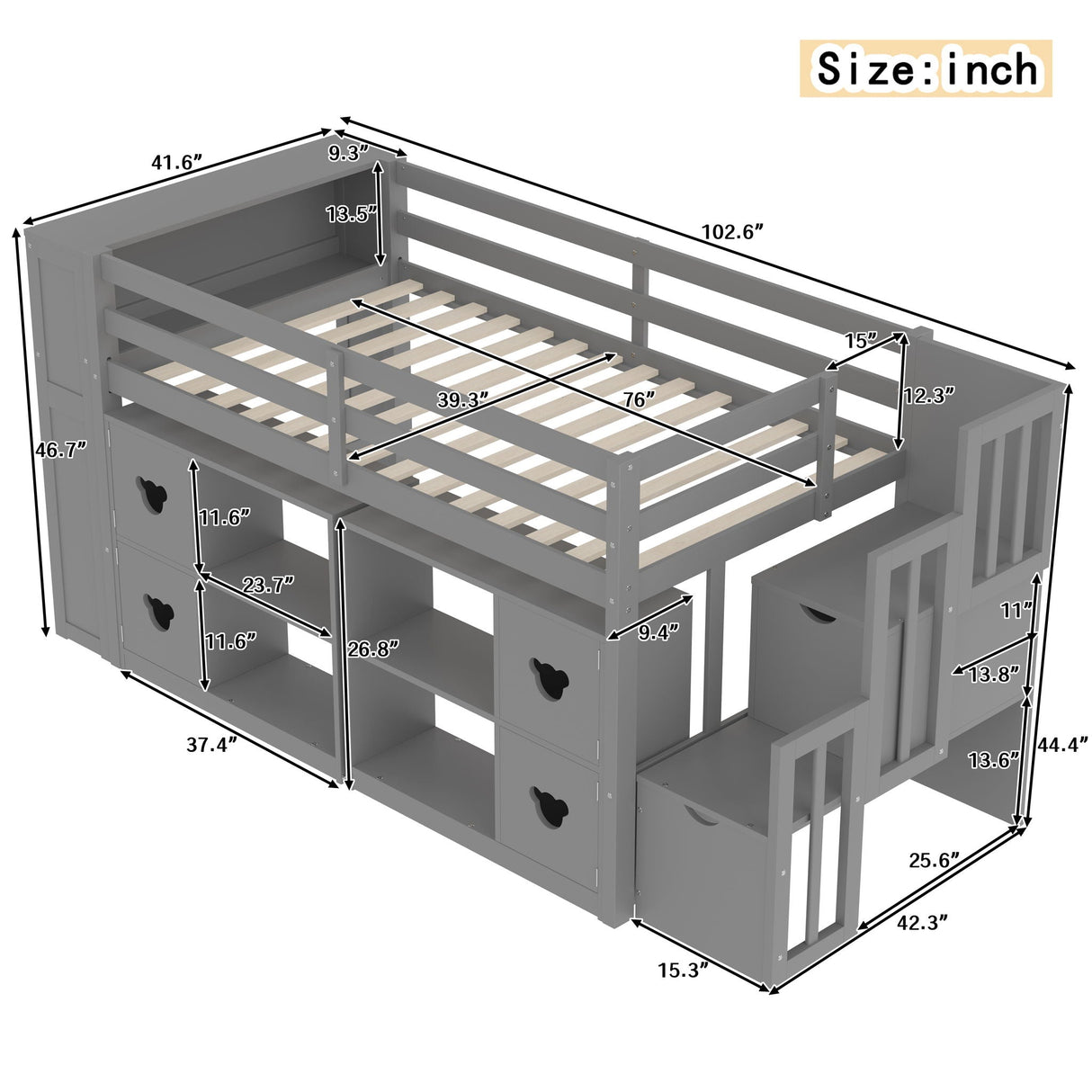 Loft Bed with Storage Cabinets, Staircase Drawers & LED Lights