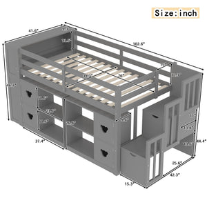 Loft Bed with Storage Cabinets, Staircase Drawers & LED Lights