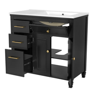 Modern Bathroom Vanity With Ceramic Sink, Freestanding, One Tip Out Drawer, 3 Side Drawers, Adjustable Shelf