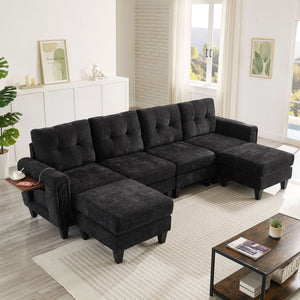 Modular Sectional Sofa With Movable Ottomans, USB Ports & Side Tables