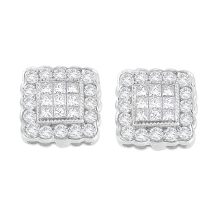 14K White Gold 1.0 Cttw Round Brilliant & Princess Cut Diamond Scallop-Edge Framed Square Halo Stud Earrings (G-H Color, SI1-SI2 Clarity)