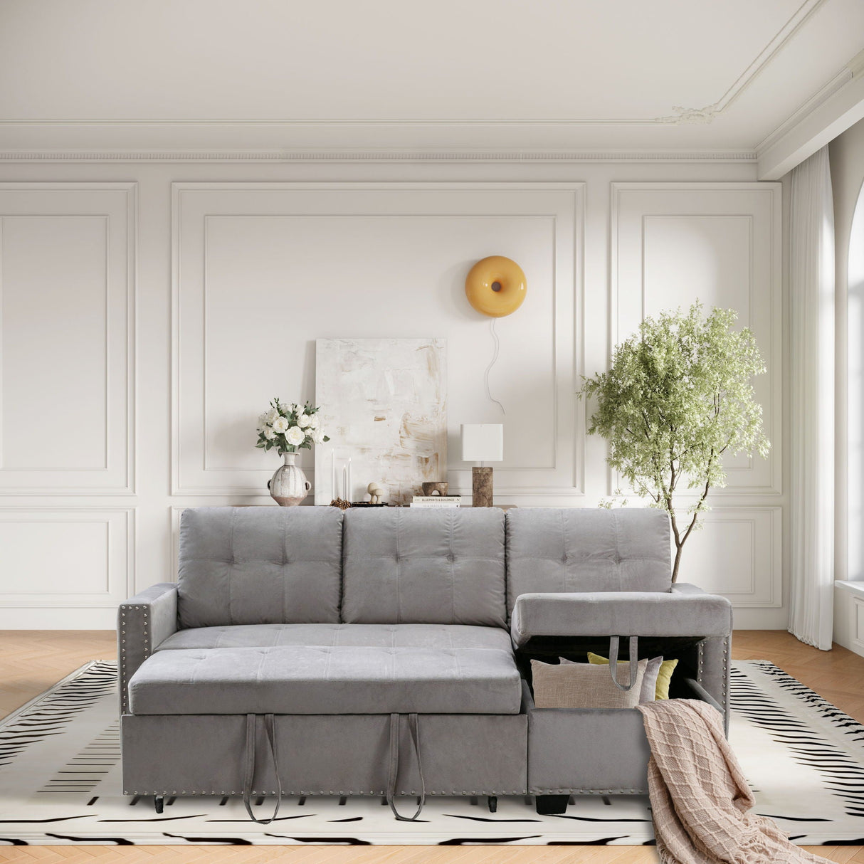 Reversible Sectional Storage Sleeper Sofa Bed, L-Shape 2 Seat Sectional Chaise With Storage, Skin-Feeling Fabric