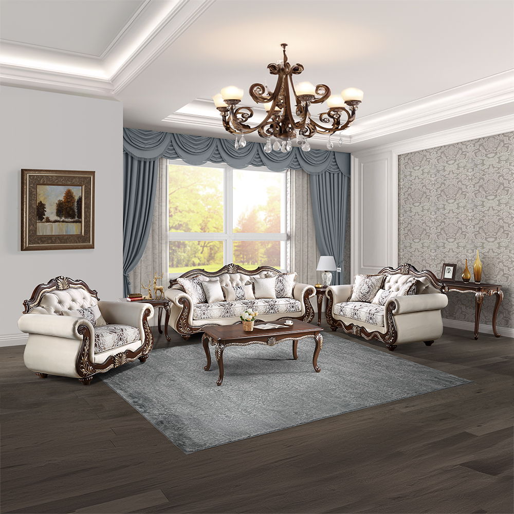 Pierce - Sofa With 5 Pillows - Beige Fabric & Cherry