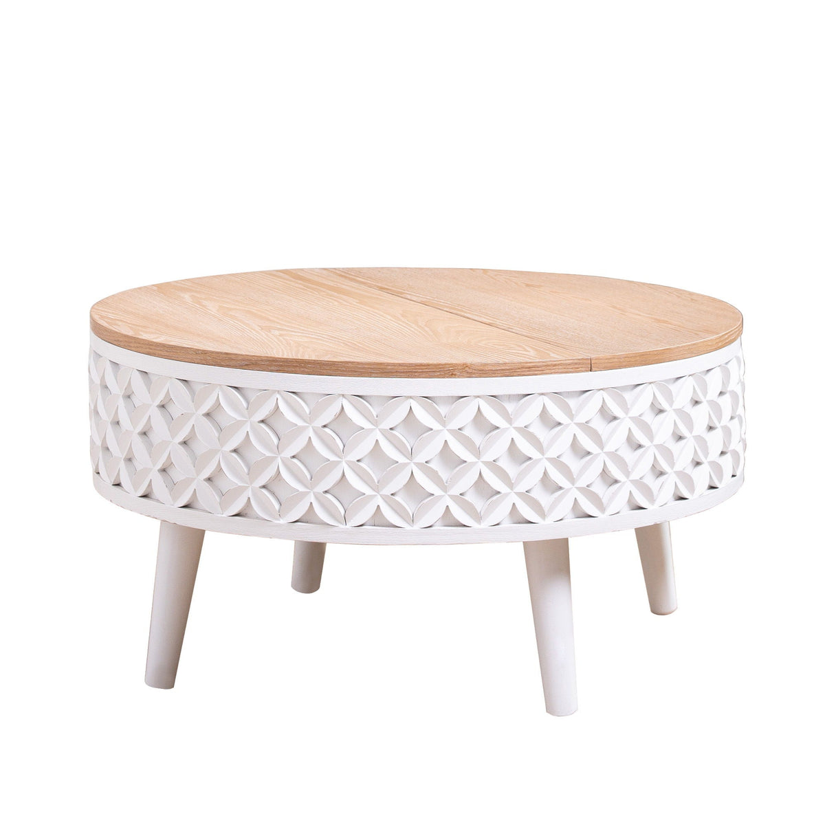 Round Coffee Table With Storage - White / Light Oak