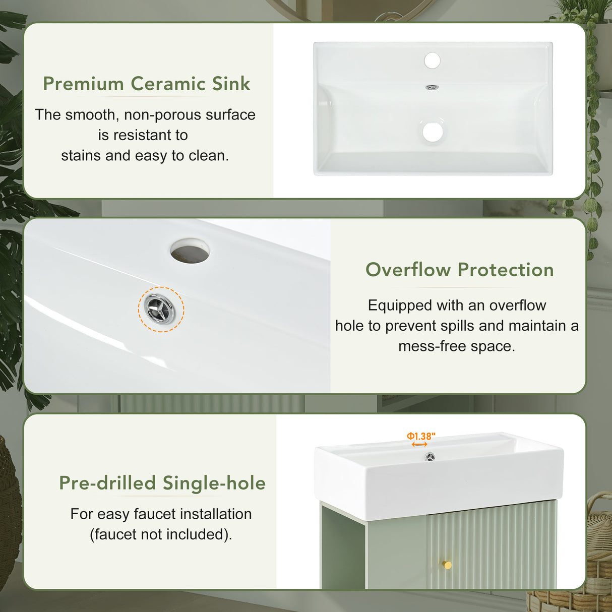 21.6 Inch Modern Floating Bathroom Vanity with Ceramic Basin