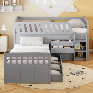 Loft Platform Bed With 7 Drawers And Full Guardrails, Modern L Shaped Space Savin