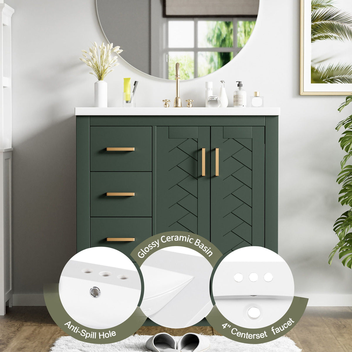 Ceramic Sink Combo, Freestanding Vanity Set With 3 Drawers & Soft Closing Doors