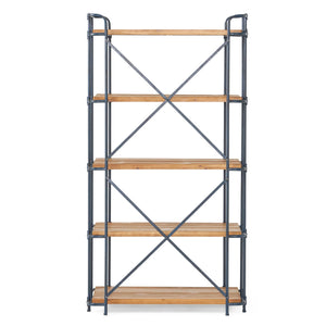 Yorktown - Industrial 5 Shelf Bookcase With Metal Pipework And Solid Fir - Natural