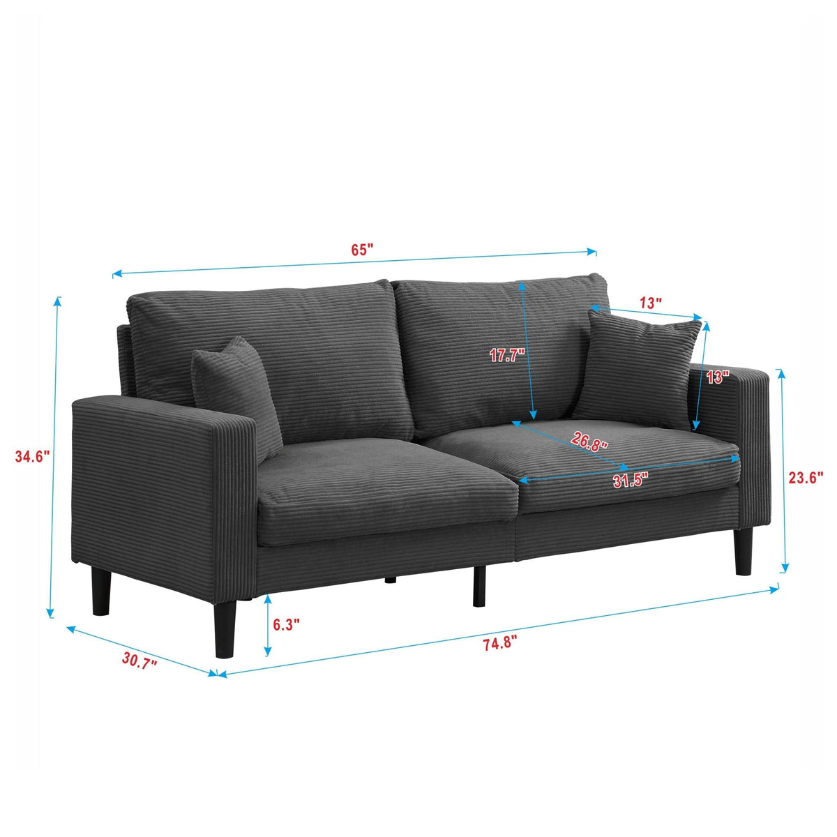 Modern Upholstered 3 Seat Sofa, High Resilience