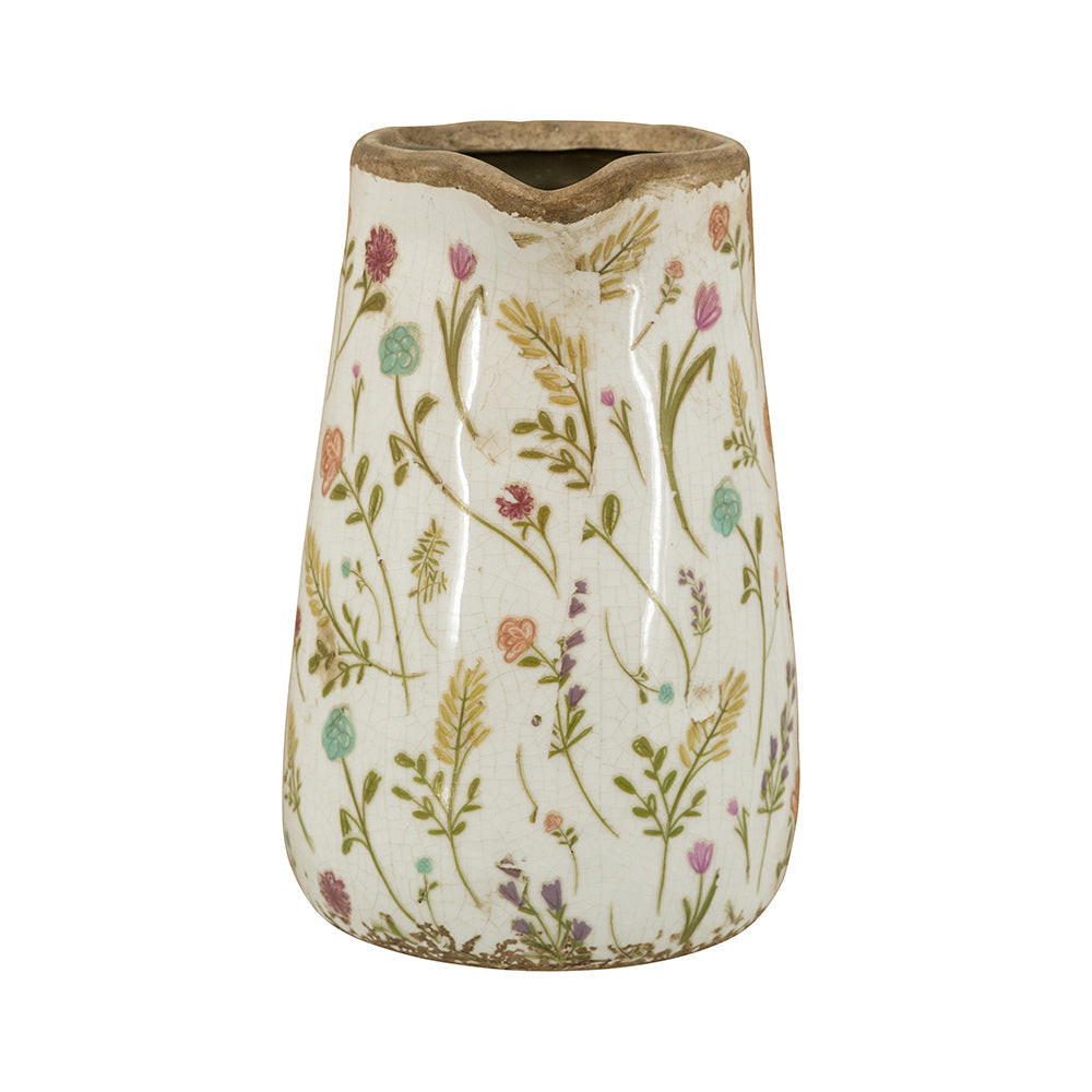 Round Ceramic Pitcher Vase with Floral Motifs - Multicolor