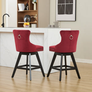 Swivel Velvet Barstools with Button Tufted Decoration - Set of 2 (Wine Red)