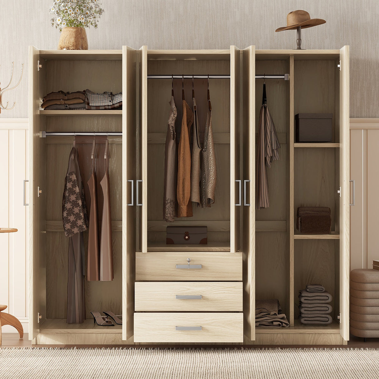 6-Doors Wooden Wardrobe Storage for Bedroom