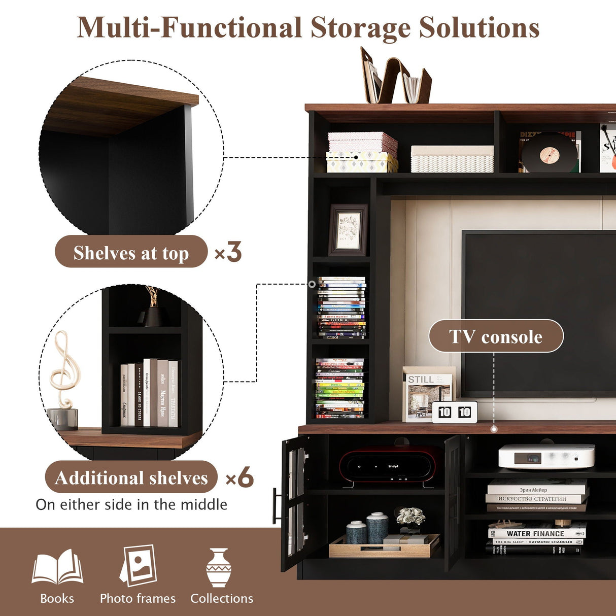 Wall Unit Entertainment Center With Bookshelves For TVs Up To 80", Tempered Glass Doors And Adjustable Shelves