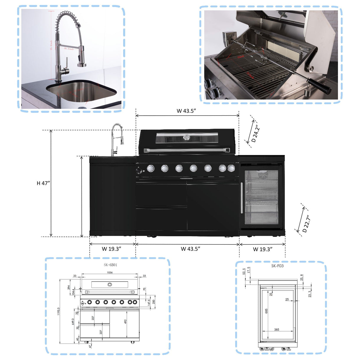 6 Burner 85, 000 Btu Outdoor Kitchen Island Grill With Wine Cooler Refrigerator, Rotisserie Kit, Granite Countertops & Sink - Black