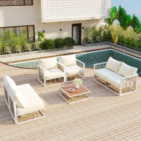 Modern minimalist 7-piece metal patio sectional sofa set,  with thick cushions and coffee table , white