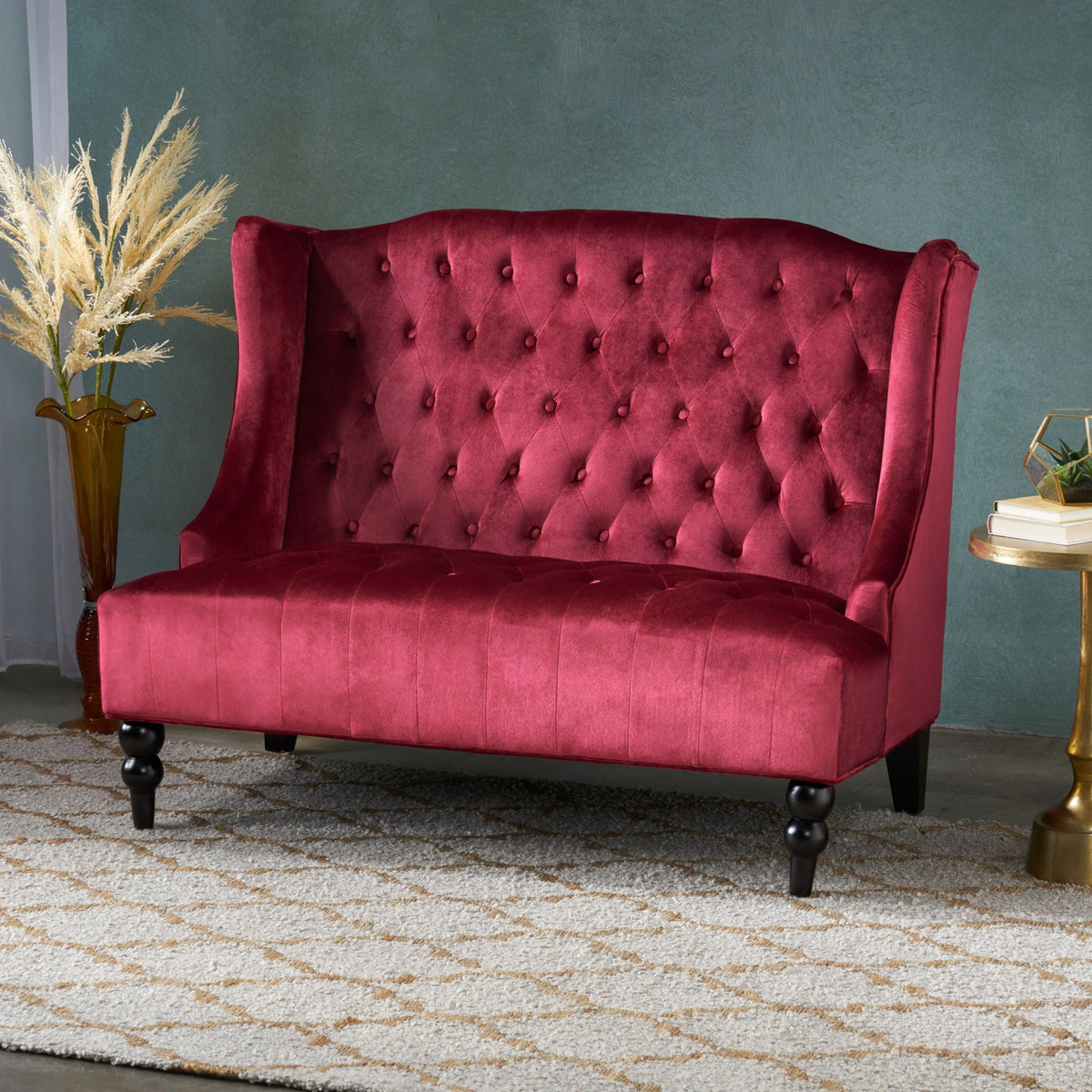 Upholstered Loveseat with Wing Back and Diamond Tufting - Multiple Colors