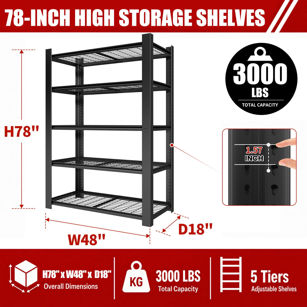 78"H 5-Tier Adjustable Heavy Duty Metal Mesh Storage Rack