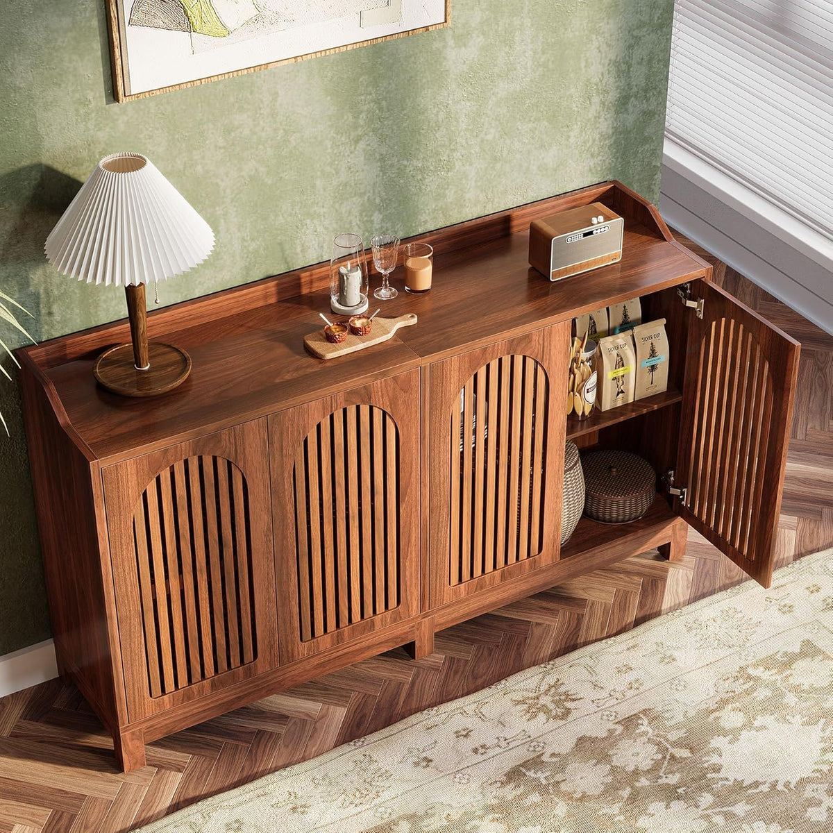 Sideboard Buffet Cabinet With 4 Doors & Shelves, Credenza Table For Dining Room - Brown