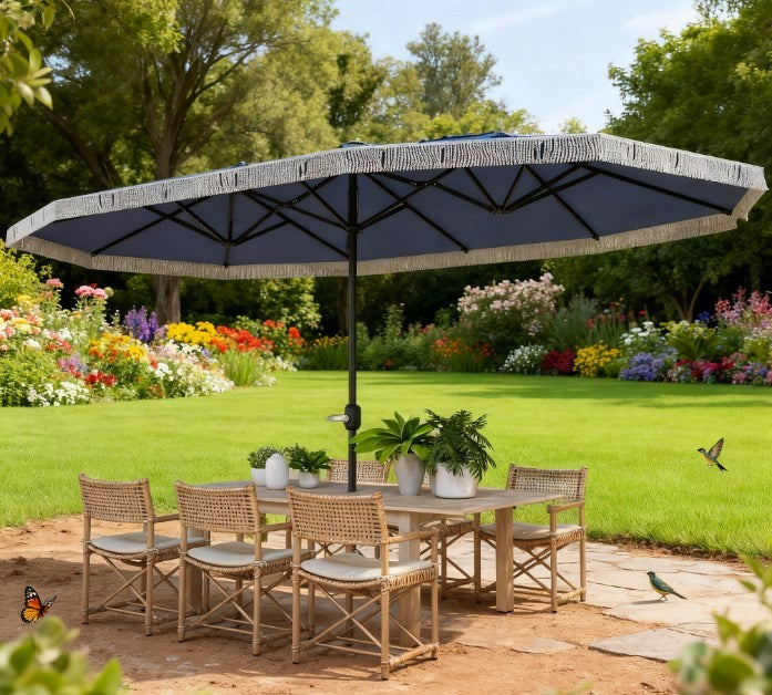 Spacious Extra Large Outdoor Umbrella, Rectangle Patio Umbrella, with Fringe and Crank Handle