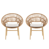 Cyril Outdoor Wicker Papasan Style Dining Chair with Teak Finished Legs, Light Brown Faux Rattan, Beige Cushion, Set of 2