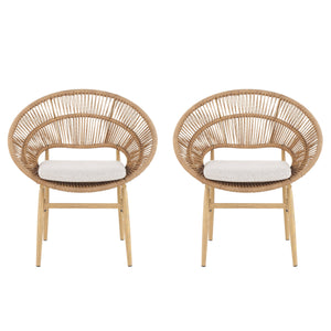 Cyril Outdoor Wicker Papasan Style Dining Chair with Teak Finished Legs - Set of 2