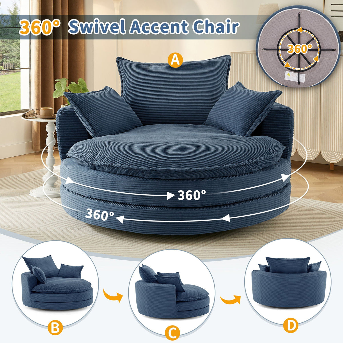 360° Swivel Accent Barrel Chair With Dual Layer Cushion And 3 Removable Pillows