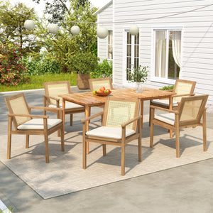 Preston Outdoor Patio 7-Piece Dining Set with Acacia Wood Chairs and Beige Cushions