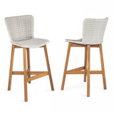 Lymington Outdoor Bar Stool Set of 2, Teak Finished Wood with Light Grey Wicker