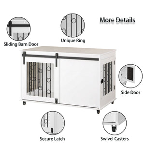 Dog Crate With Sliding Barn Door And Side Access, Lockable Wheels For Small To Medium Dogs - White
