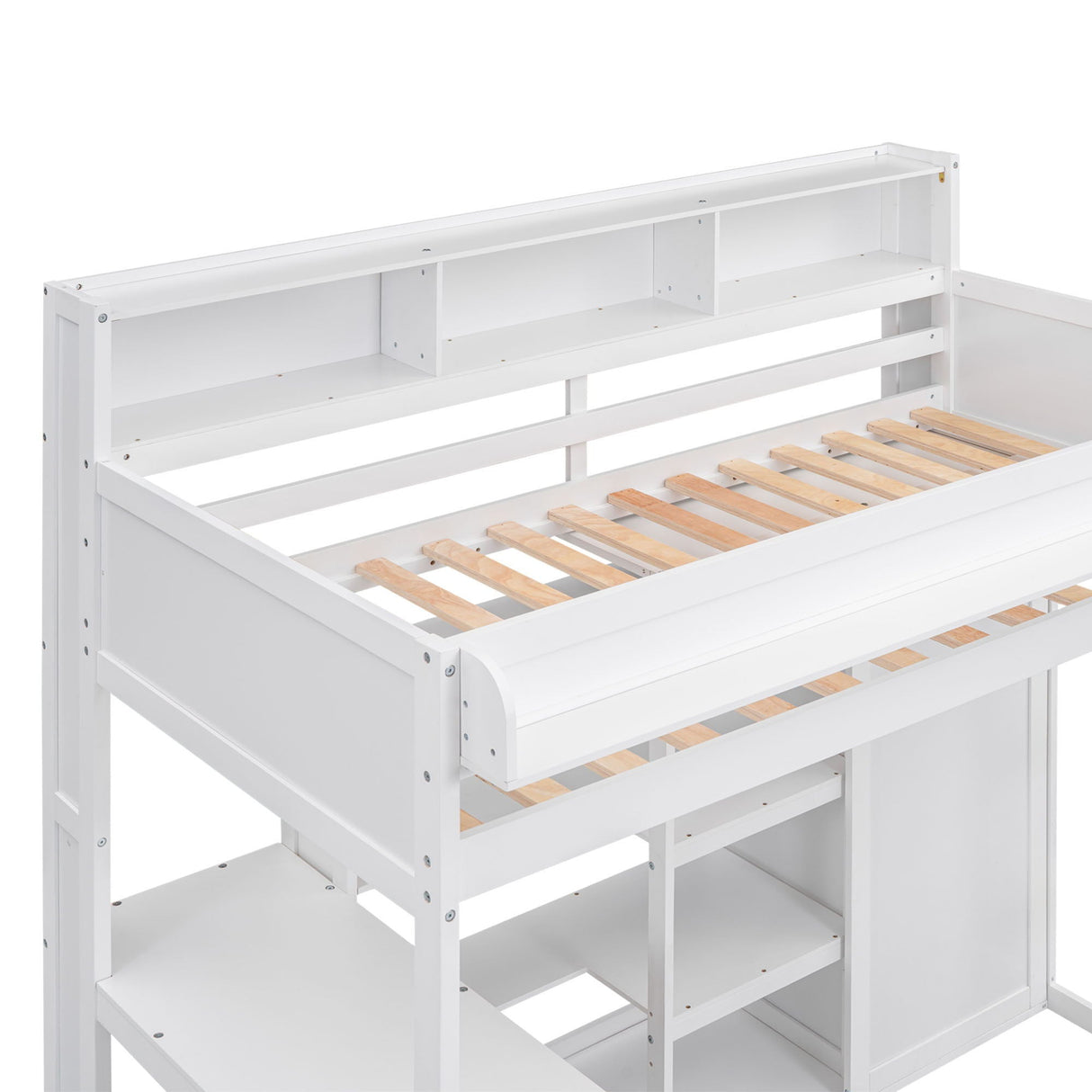 Loft Bed With Built In Desk, Storage Shelves, And Wardrobe