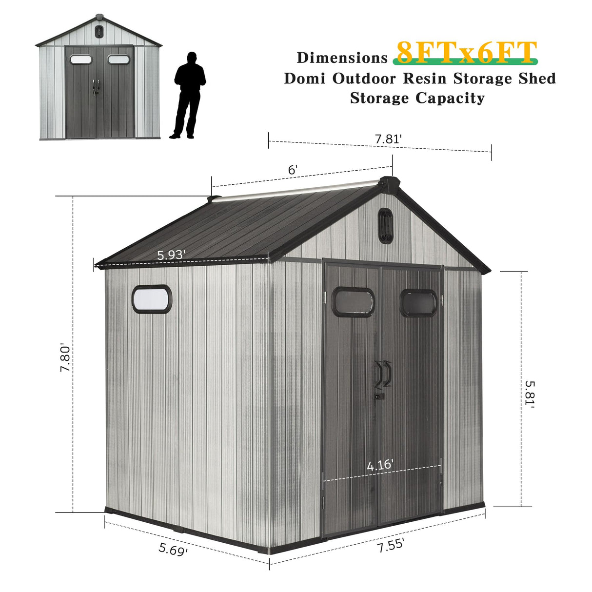 8x6FT Resin Outdoor Storage Shed with Lockable Door