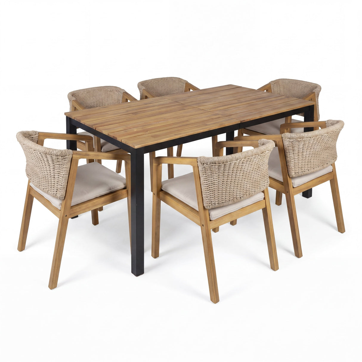 7-Piece Outdoor Dining Set, Acacia Wood Table & 6 Acacia Wood Rope Chairs