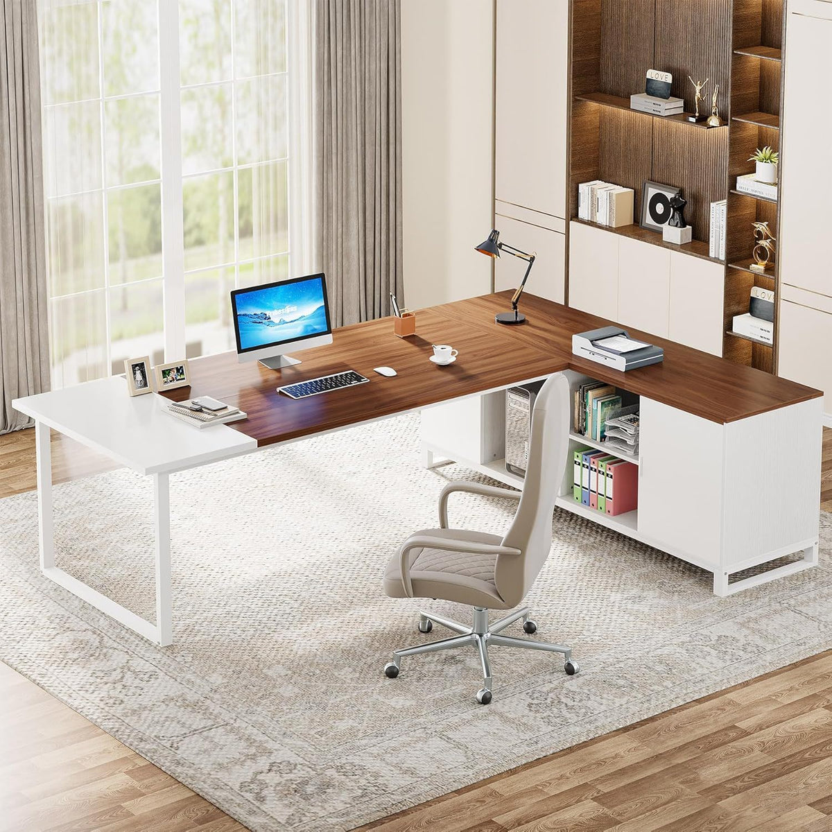 L-Shaped Executive Desk With File Cabinet, Large Workspace For Home Office - White / Walnut