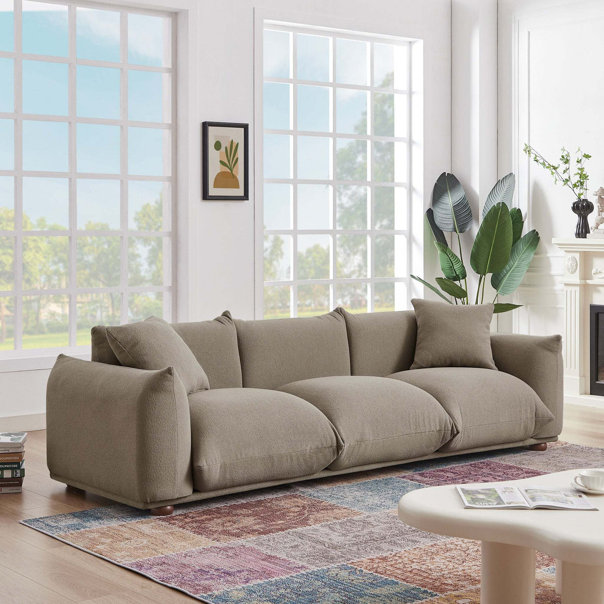 Kely Modern 100'' Mocha Boucle Upholstered Sofa with Solid Wood Legs