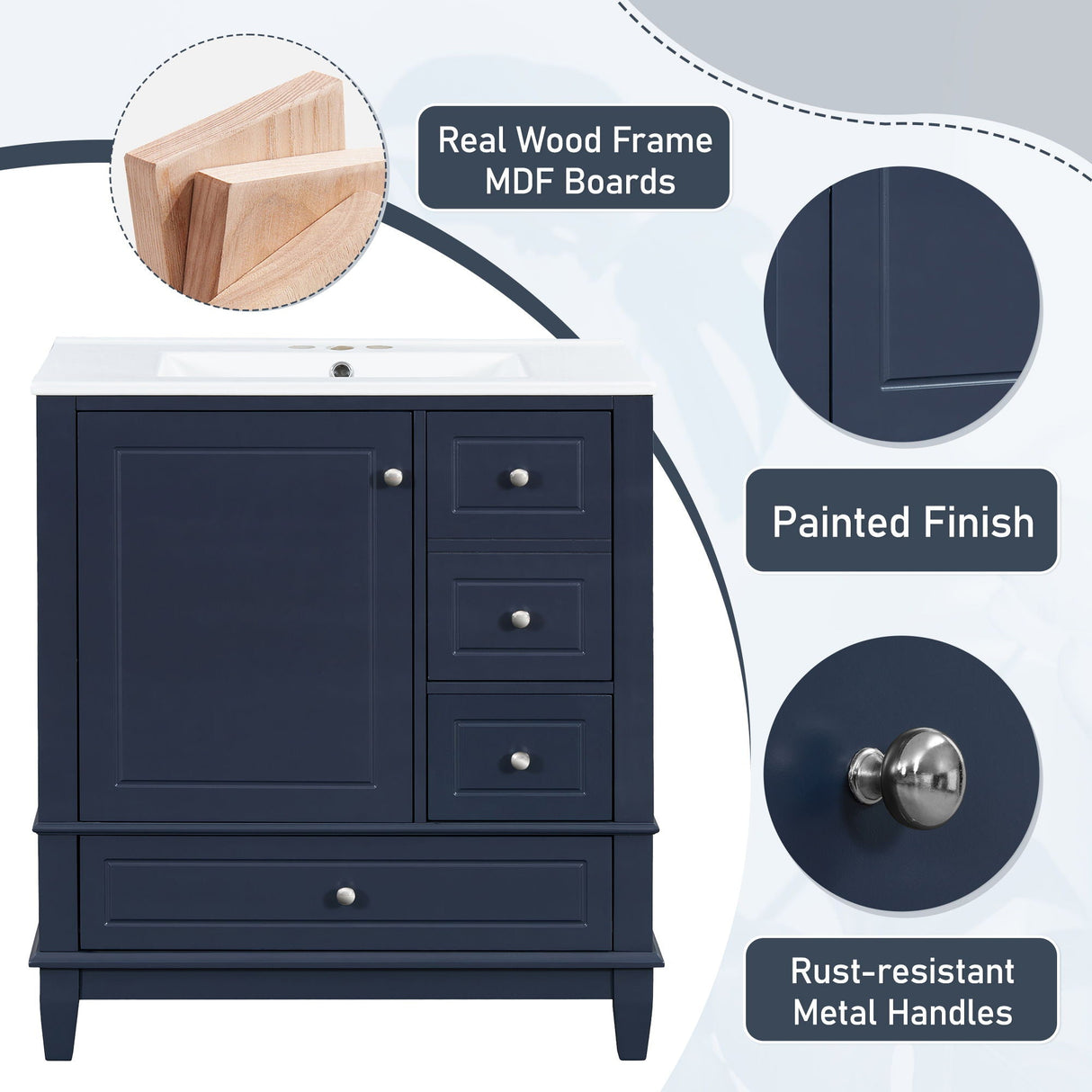 Freestanding Bathroom Vanity With Sink, Soft Close Door, 3 Drawers