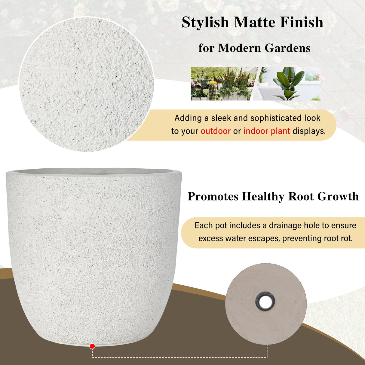 U_Style Lightweight Matte Textured MGO Outdoor Indoor Flower Pot Set of 3