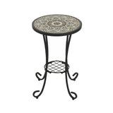 Ceramic Tile and Iron Patio Side Table with Shelf, Brown and Black