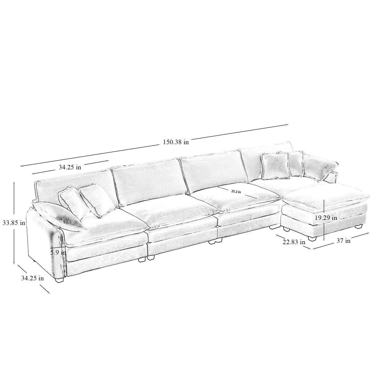 Modern Corduroy Upholstered 4-Seater Sofa with Footstool