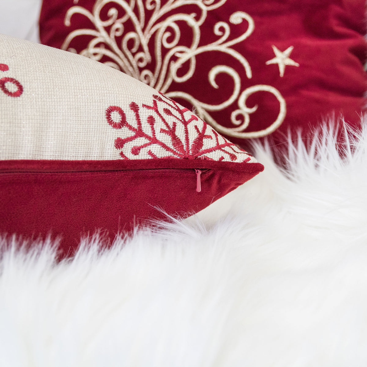 Merry Christmas Embroidered Poly Pillow with Festive Embroidery - Red