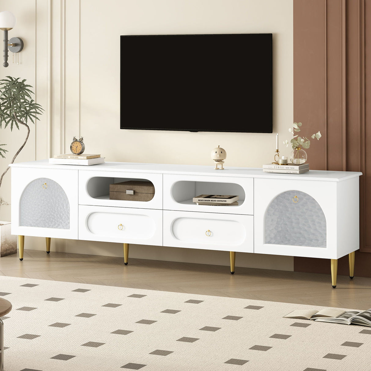 Retro TV Stand With 6 Metal Legs, 2 Cabinets, 4 Drawers