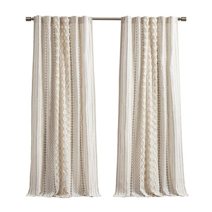Cotton Printed Curtain Panel with Chenille Stripe and Lining Ivory 50x84