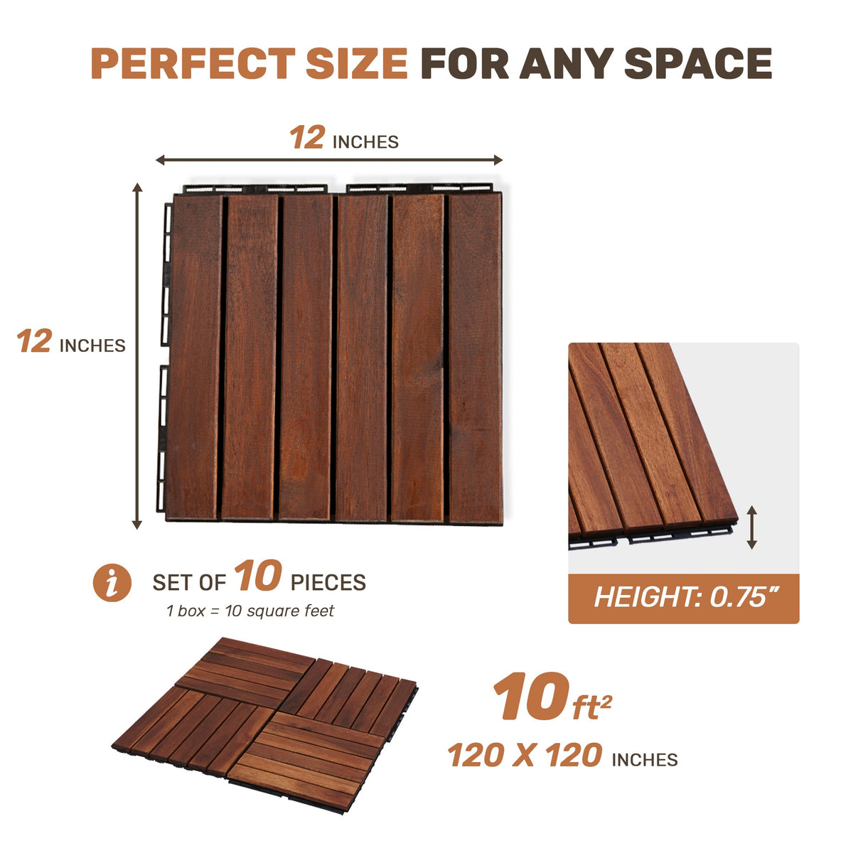10 PCS Interlocking Acacia Hardwood Deck Tiles