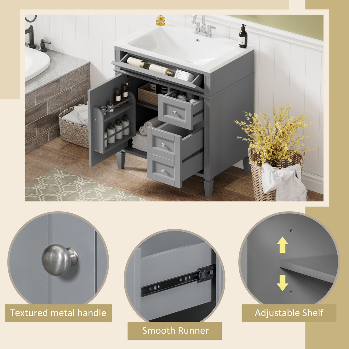 Bathroom Vanity With Top Sink, Storage Cabinet, 2 Drawers, Tip Out Drawer
