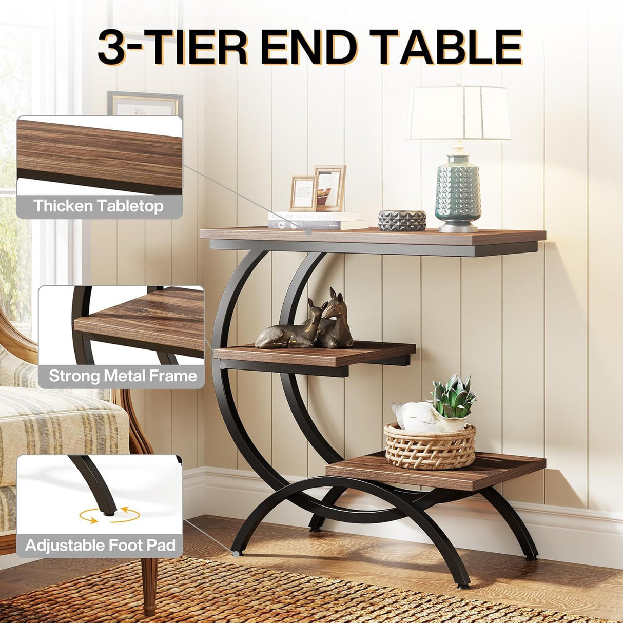 C-Shaped 3 Tier Side Table - Rustic Brown