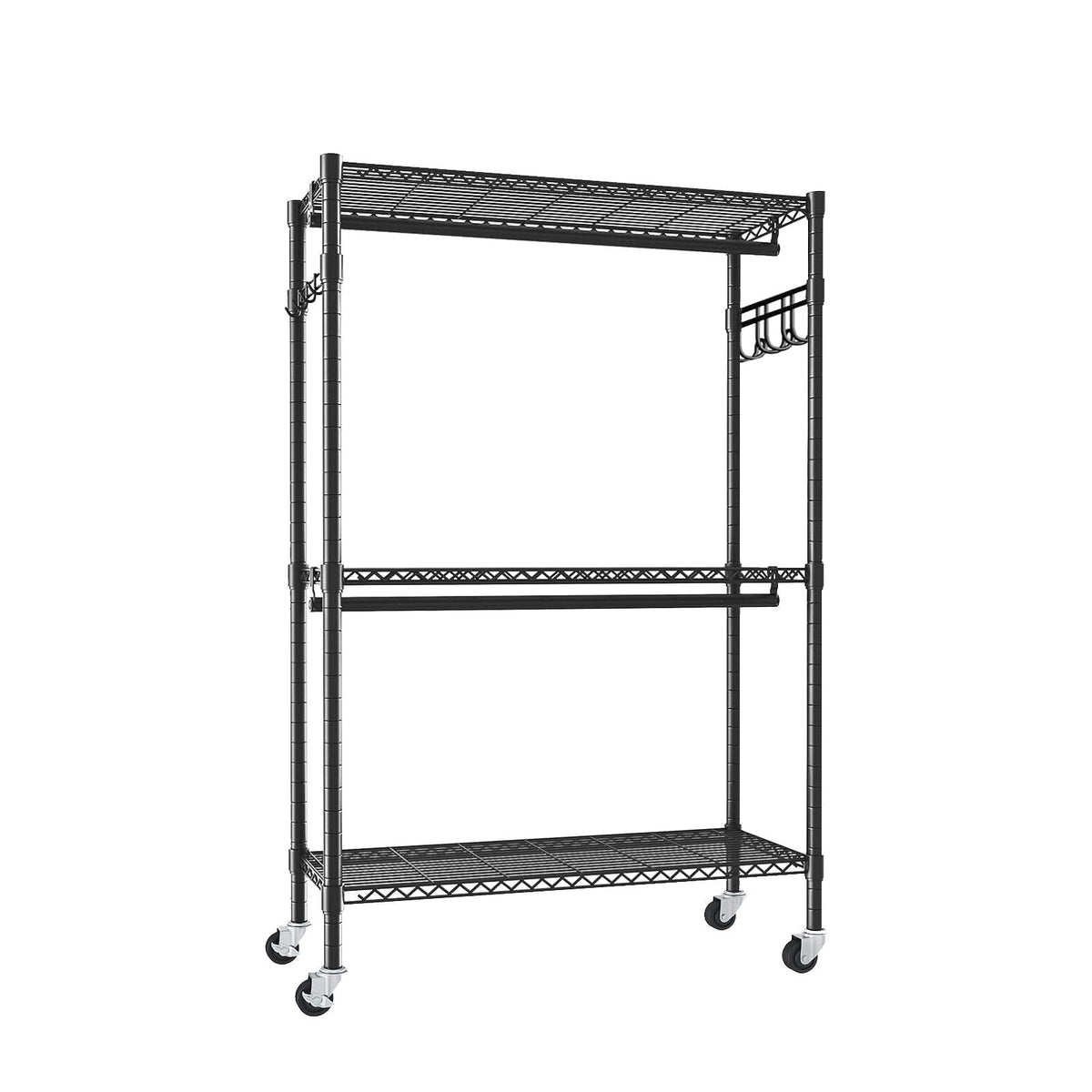 Heavy Duty Rolling Clothes Rack with Shelves and Hooks - Black