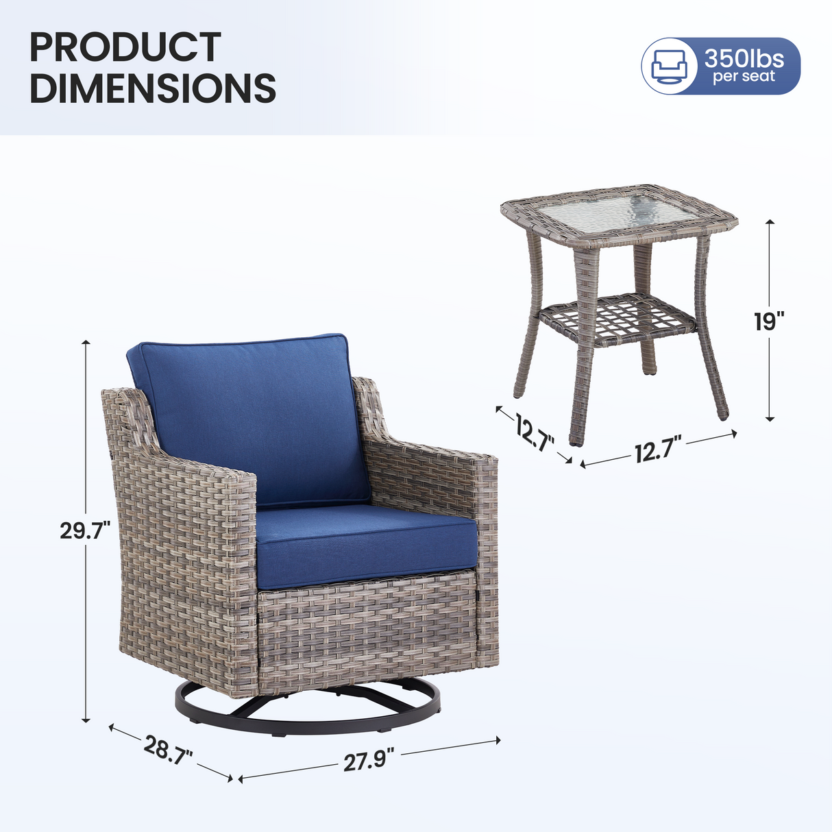 Swivel Outdoor Chairs Set of 2, with Glass-Top Side Table, 3 Pieces