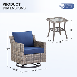 Swivel Outdoor Chairs Set of 2, with Glass-Top Side Table, 3 Pieces