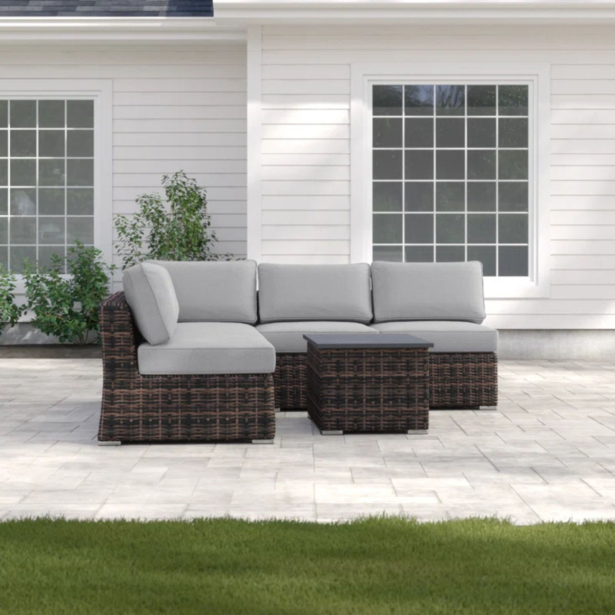 Wicker Sectional Sofa With Cushions And Table