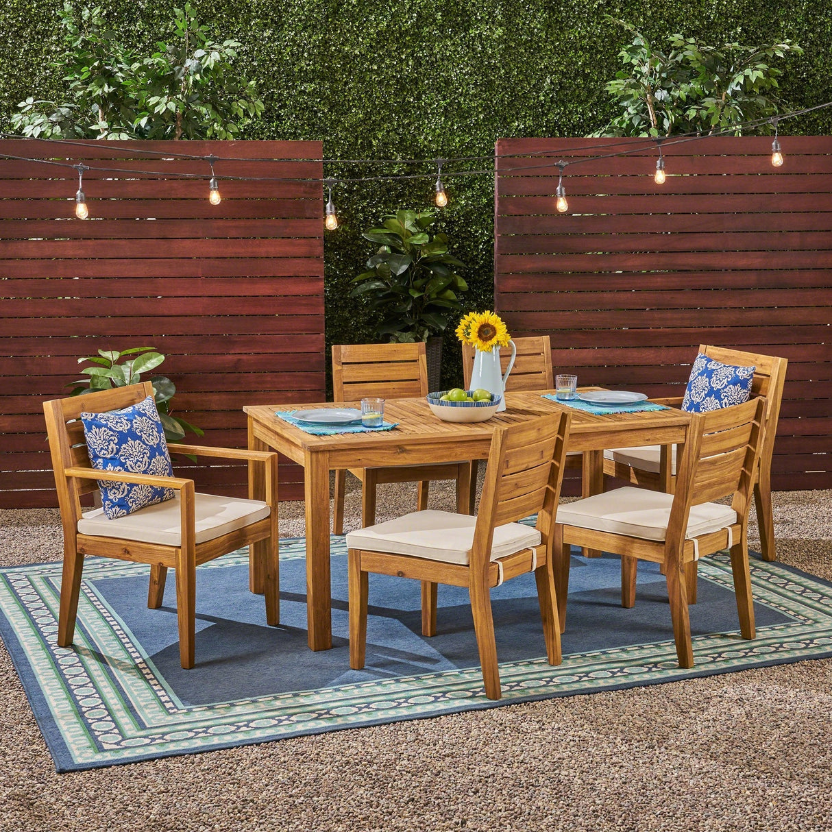 Outdoor 6-Seater Acacia Wood Expandable Dining Set with Cushions
