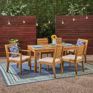 Outdoor 6-Seater Acacia Wood Expandable Dining Set with Cushions
